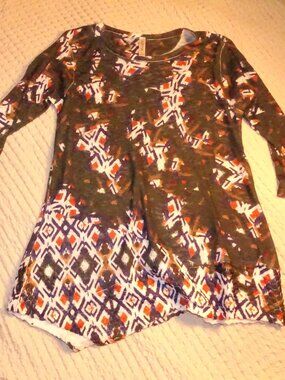 Cubism Los Angeles Abstract Ikat Print Tunic Top Size L Olive Orange Purple 3/4